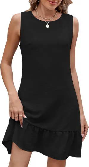 Women's Ruffle Hem Sleeveless Tank Dress Round Neck Casual Smock Summer Mini Dresses ACH Vacation Loose Boho Mini Sundress