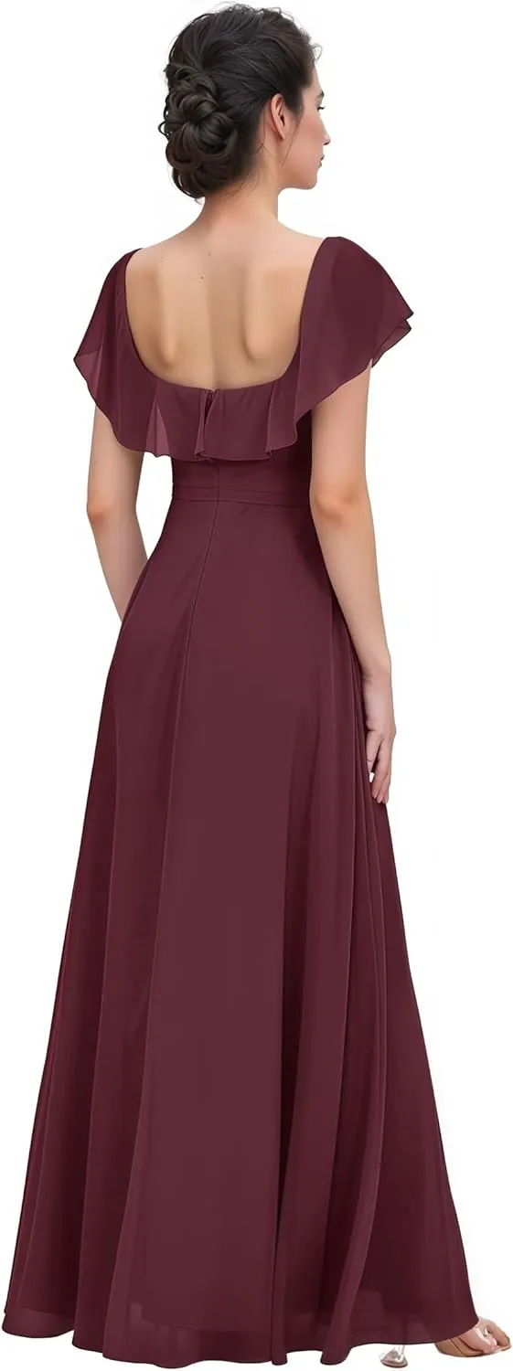Women's Ruffle Sleeve Chiffon Bridesmaid Dresses Round Neck with Slit Floor Length Evening Gowns