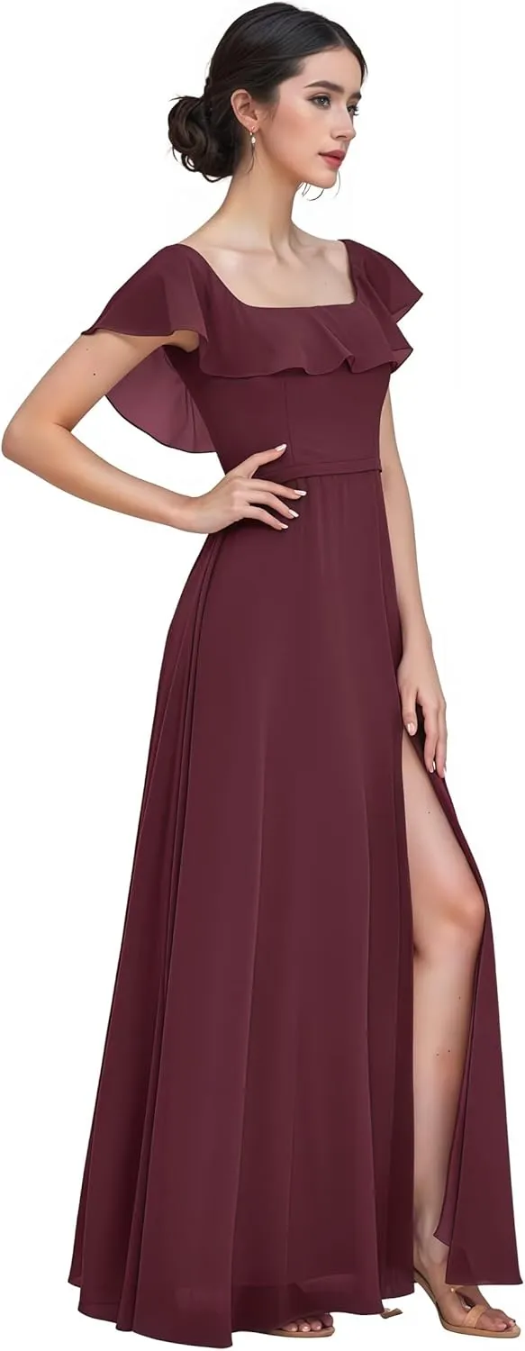 Women's Ruffle Sleeve Chiffon Bridesmaid Dresses Round Neck with Slit Floor Length Evening Gowns
