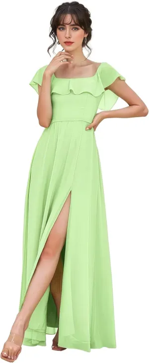 Women's Ruffle Sleeve Chiffon Bridesmaid Dresses Round Neck with Slit Floor Length Evening Gowns
