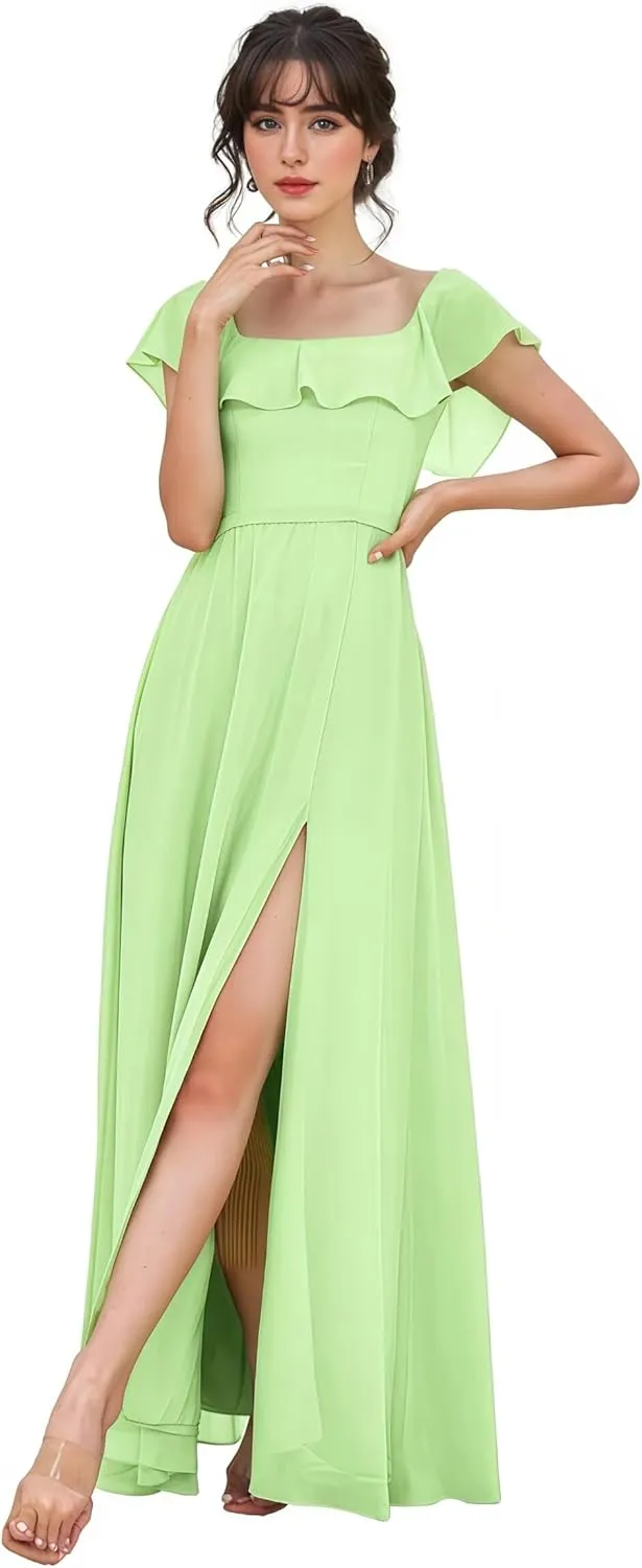 Women's Ruffle Sleeve Chiffon Bridesmaid Dresses Round Neck with Slit Floor Length Evening Gowns