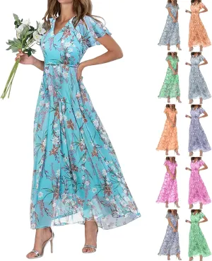 Womens Ruffle Sleeve Summer Dresses 2024 Elegant Chiffon Dresses Floral Wrap V Neck Maxi Dress Boho Beach Flowy Dress
