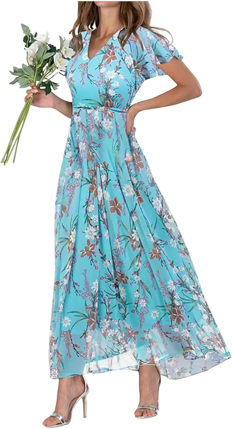 Womens Ruffle Sleeve Summer Dresses 2024 Elegant Chiffon Dresses Floral Wrap V Neck Maxi Dress Boho Beach Flowy Dress