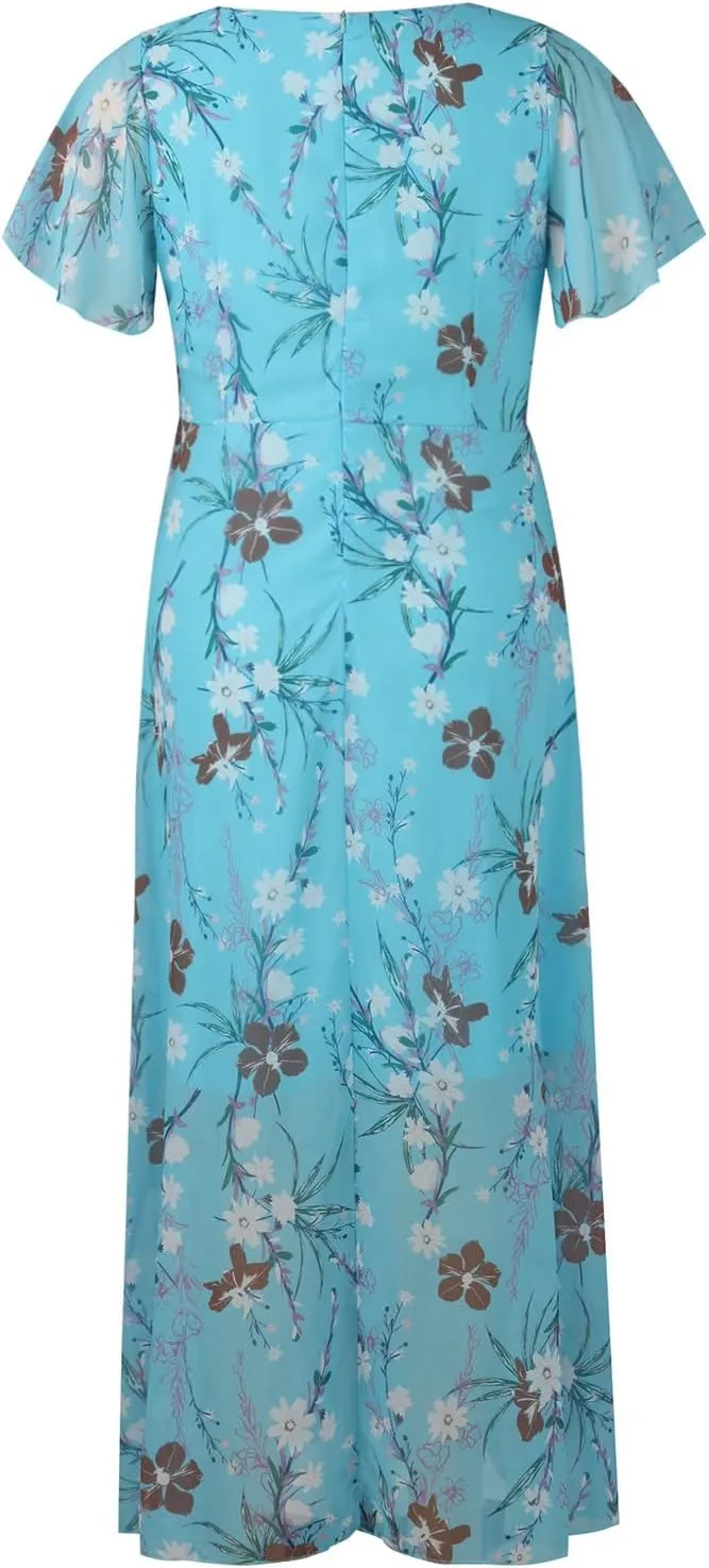 Womens Ruffle Sleeve Summer Dresses 2024 Elegant Chiffon Dresses Floral Wrap V Neck Maxi Dress Boho Beach Flowy Dress
