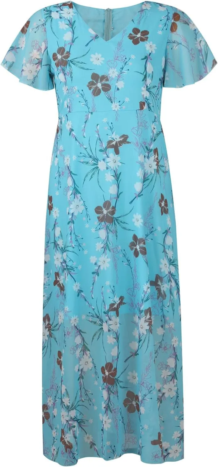 Womens Ruffle Sleeve Summer Dresses 2024 Elegant Chiffon Dresses Floral Wrap V Neck Maxi Dress Boho Beach Flowy Dress