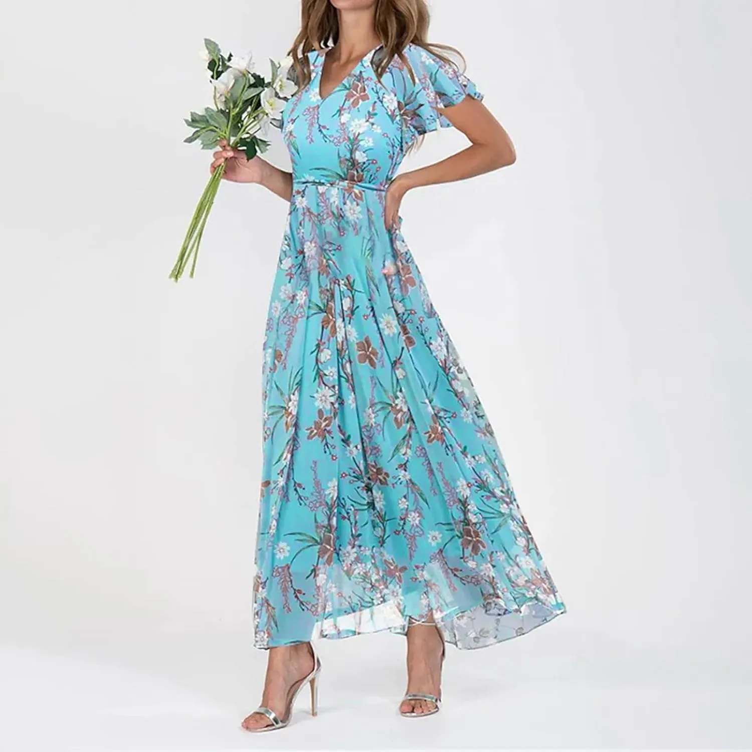 Womens Ruffle Sleeve Summer Dresses 2024 Elegant Chiffon Dresses Floral Wrap V Neck Maxi Dress Boho Beach Flowy Dress