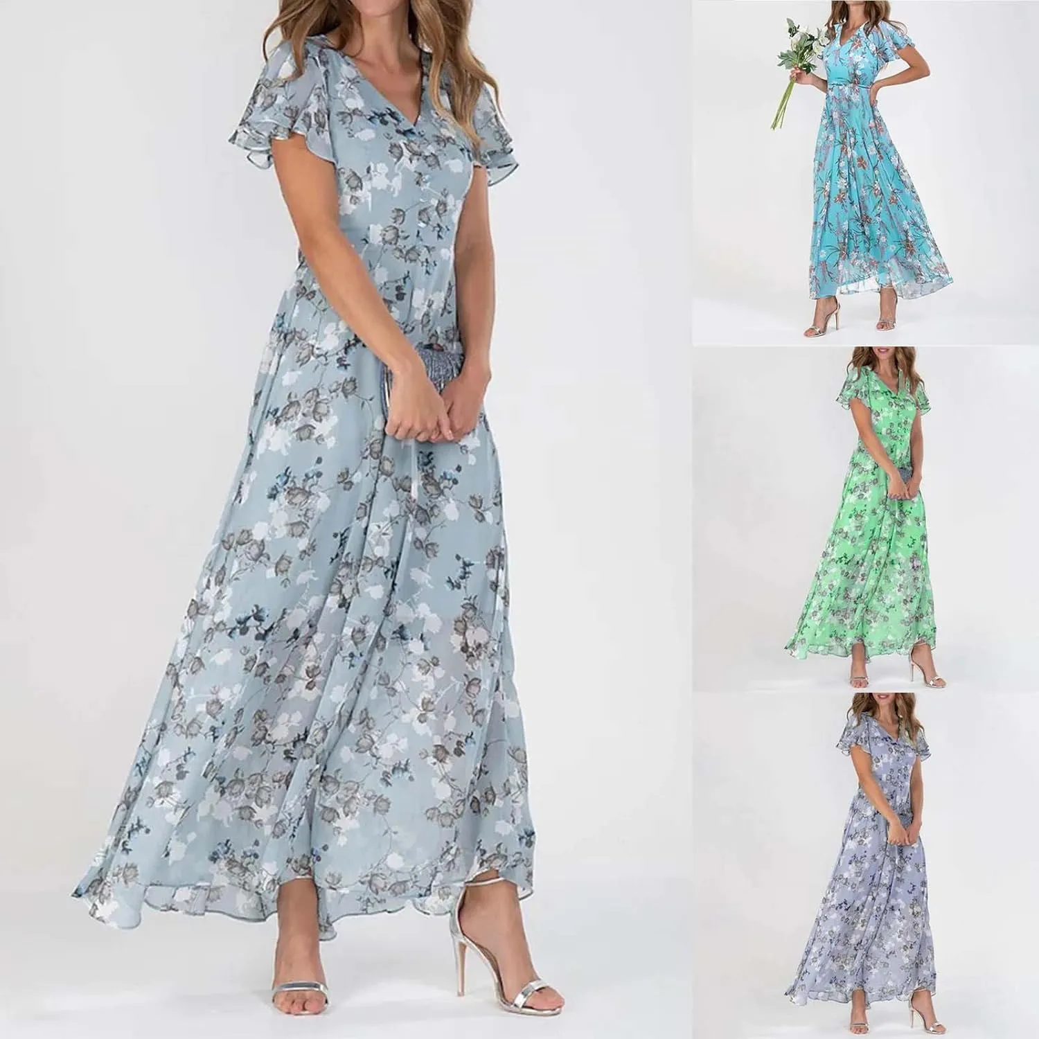 Womens Ruffle Sleeve Summer Dresses 2024 Elegant Chiffon Dresses Floral Wrap V Neck Maxi Dress Boho Beach Flowy Dress