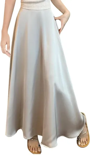 Womens Satin High Waisted Maxi Skirts 2025 Elegant Flowy Cocktail Party Wedding Dress Silk Casual A-Line Long Skirt