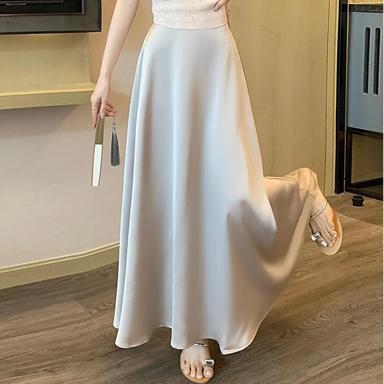 Womens Satin High Waisted Maxi Skirts 2025 Elegant Flowy Cocktail Party Wedding Dress Silk Casual A-Line Long Skirt