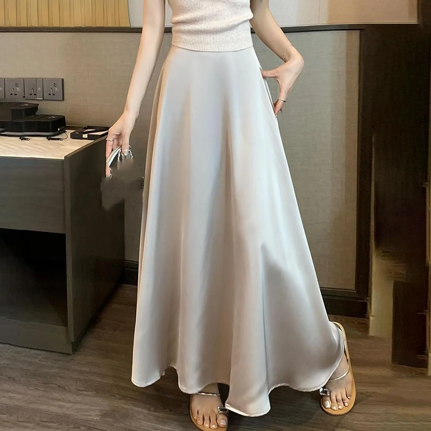 Womens Satin High Waisted Maxi Skirts 2025 Elegant Flowy Cocktail Party Wedding Dress Silk Casual A-Line Long Skirt