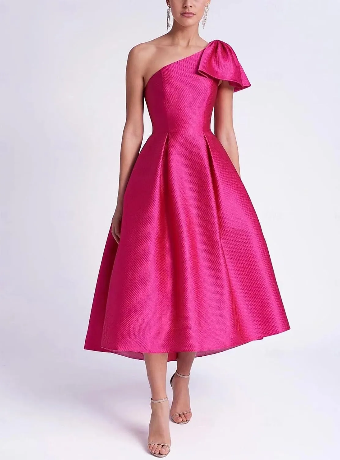 Womens Satin One Shoulder Evening Dress with Pockets Tea Length Prom Gowns for Women A Line Wedding Guest Dress