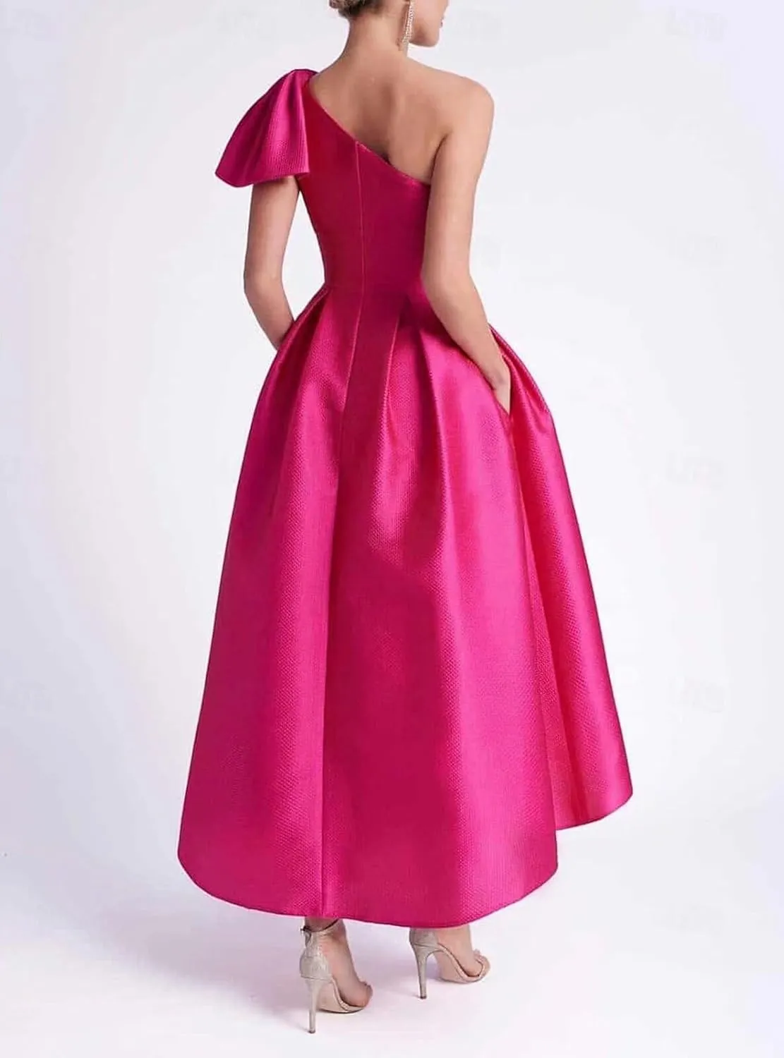 Womens Satin One Shoulder Evening Dress with Pockets Tea Length Prom Gowns for Women A Line Wedding Guest Dress
