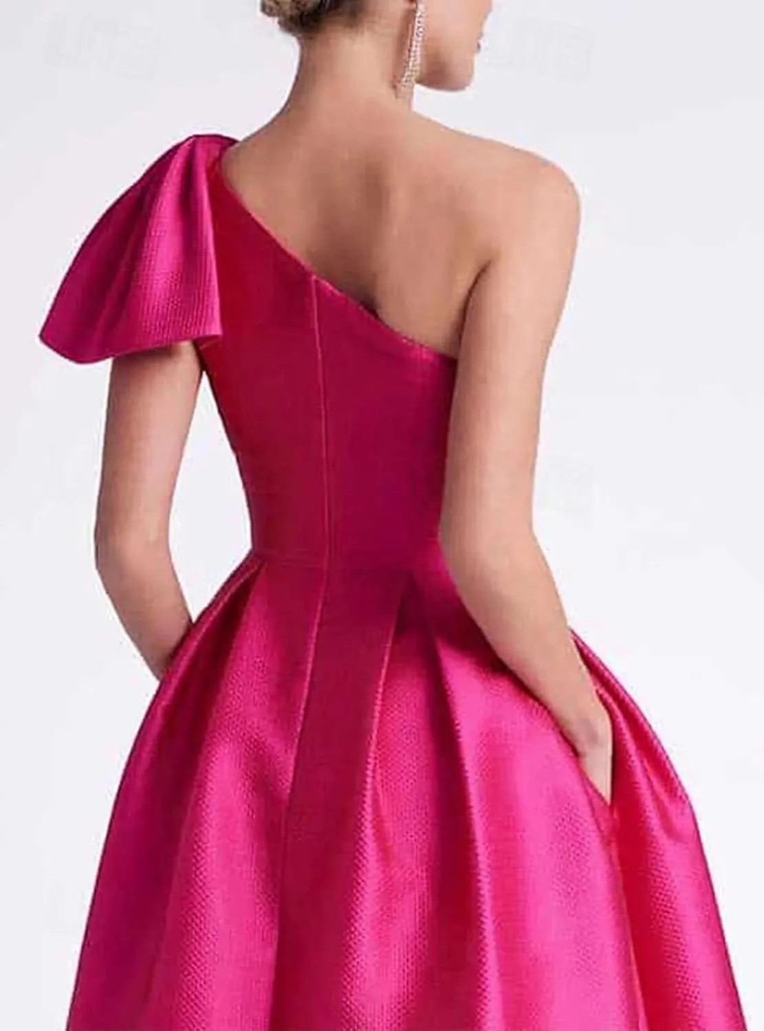 Womens Satin One Shoulder Evening Dress with Pockets Tea Length Prom Gowns for Women A Line Wedding Guest Dress