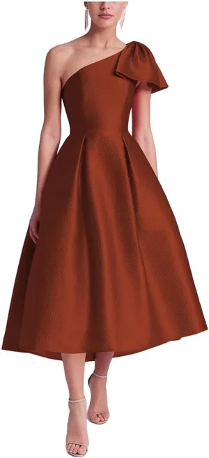 Womens Satin One Shoulder Evening Dress with Pockets Tea Length Prom Gowns for Women A Line Wedding Guest Dress