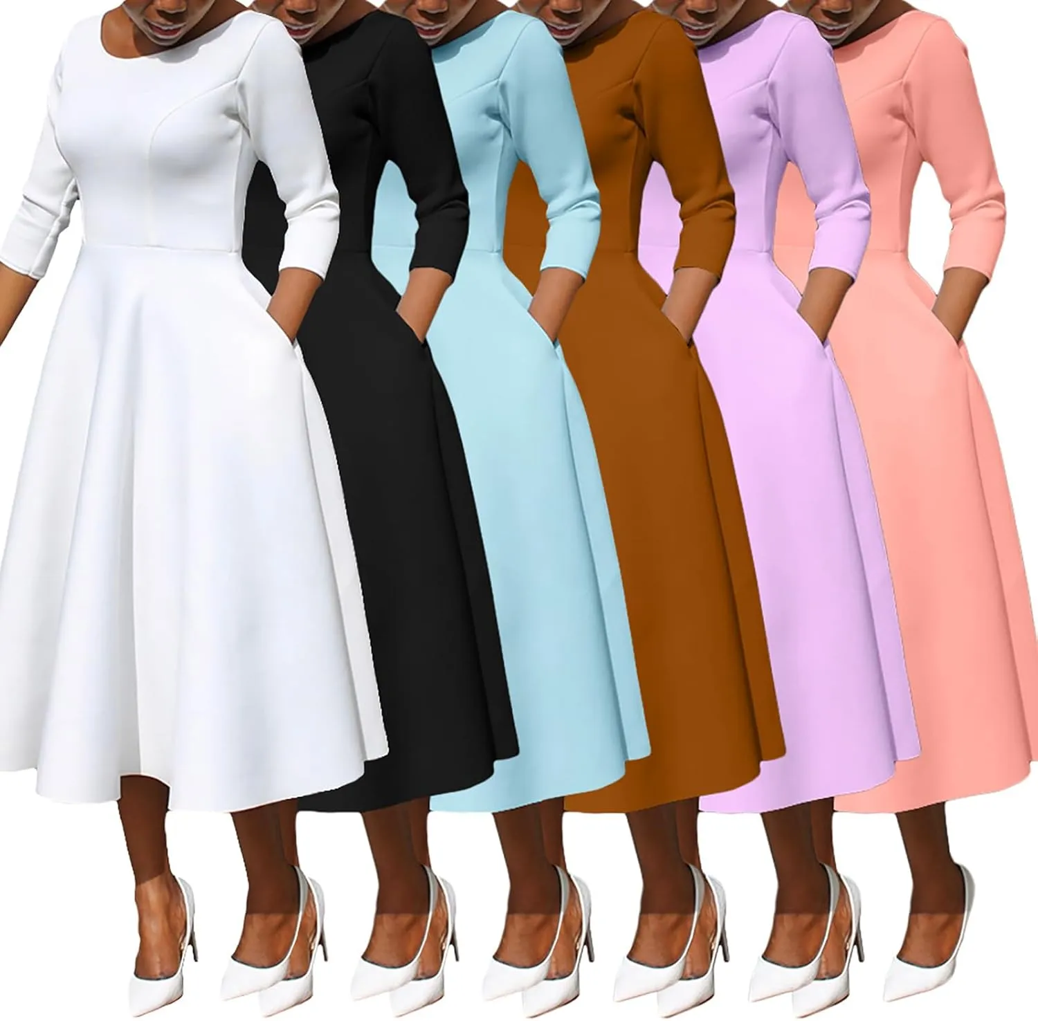 Women's Sexy 3/4 Sleeve A-Line Swing Dress Solid Color Swing Flared Cocktail Party Midi Dress(S-3XL)
