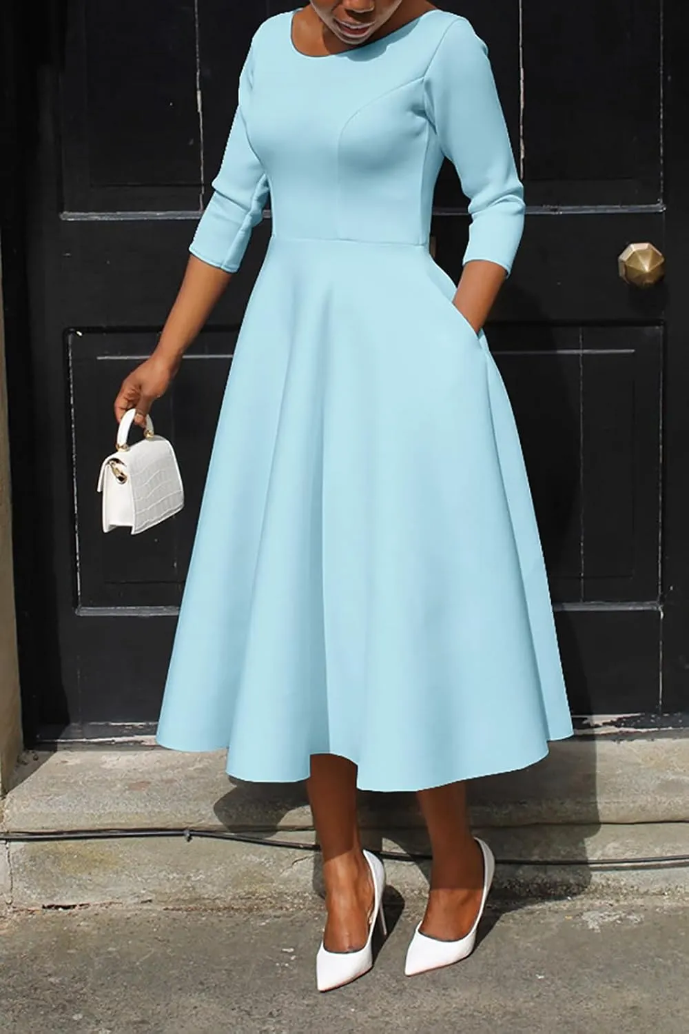 Women's Sexy 3/4 Sleeve A-Line Swing Dress Solid Color Swing Flared Cocktail Party Midi Dress(S-3XL)