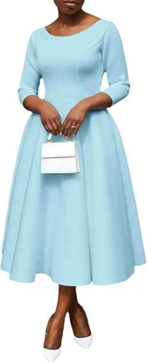Women's Sexy 3/4 Sleeve A-Line Swing Dress Solid Color Swing Flared Cocktail Party Midi Dress(S-3XL)