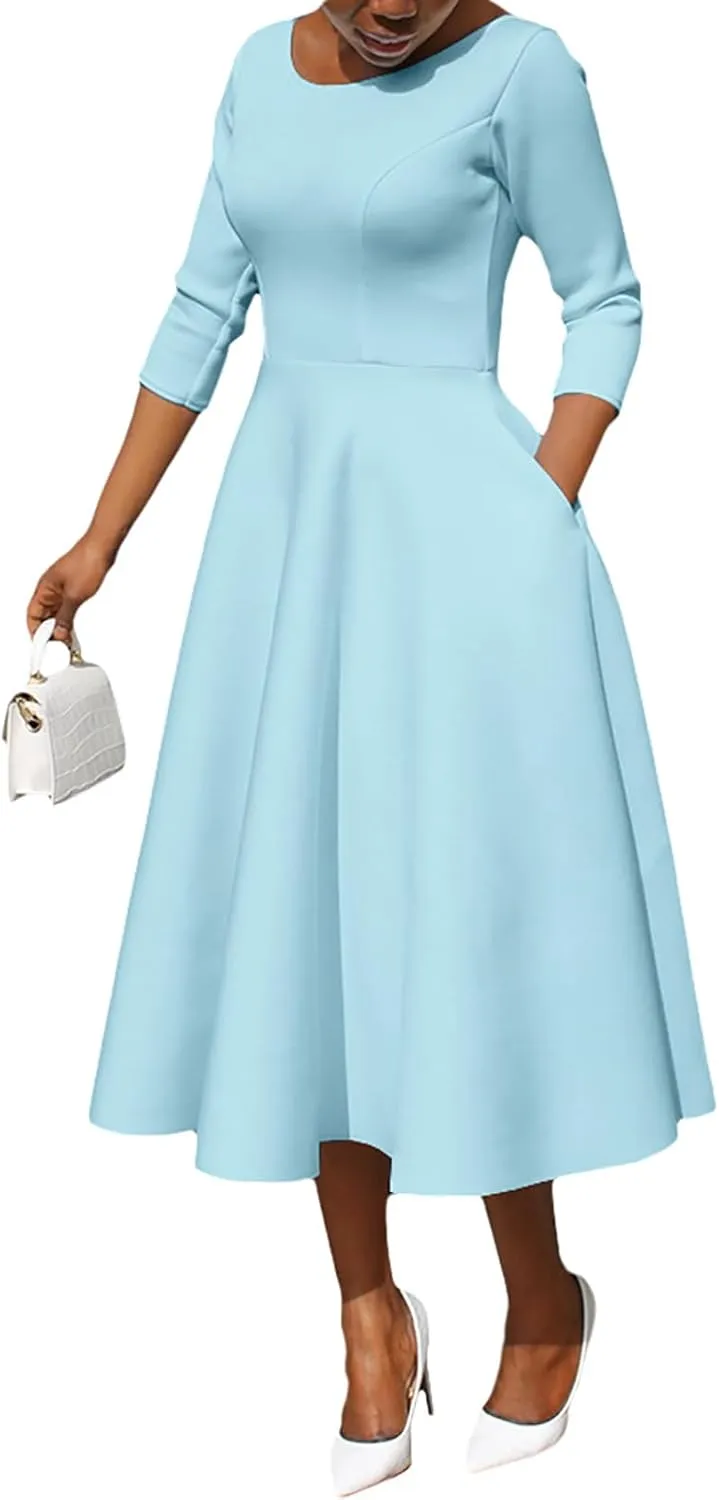 Women's Sexy 3/4 Sleeve A-Line Swing Dress Solid Color Swing Flared Cocktail Party Midi Dress(S-3XL)