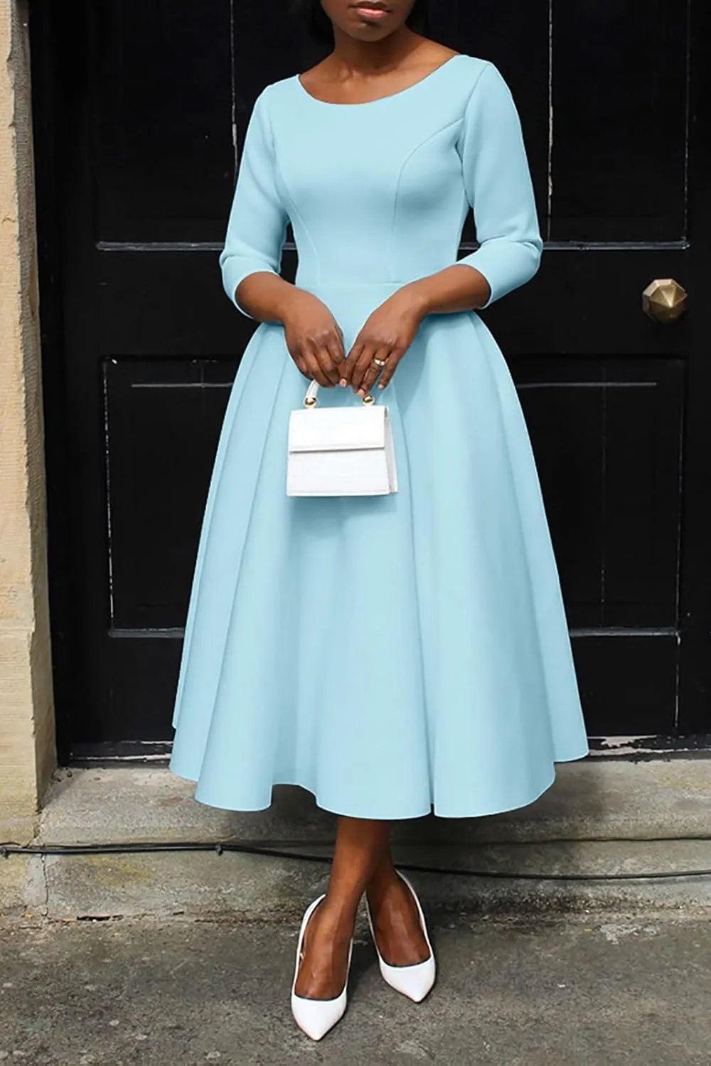 Women's Sexy 3/4 Sleeve A-Line Swing Dress Solid Color Swing Flared Cocktail Party Midi Dress(S-3XL)