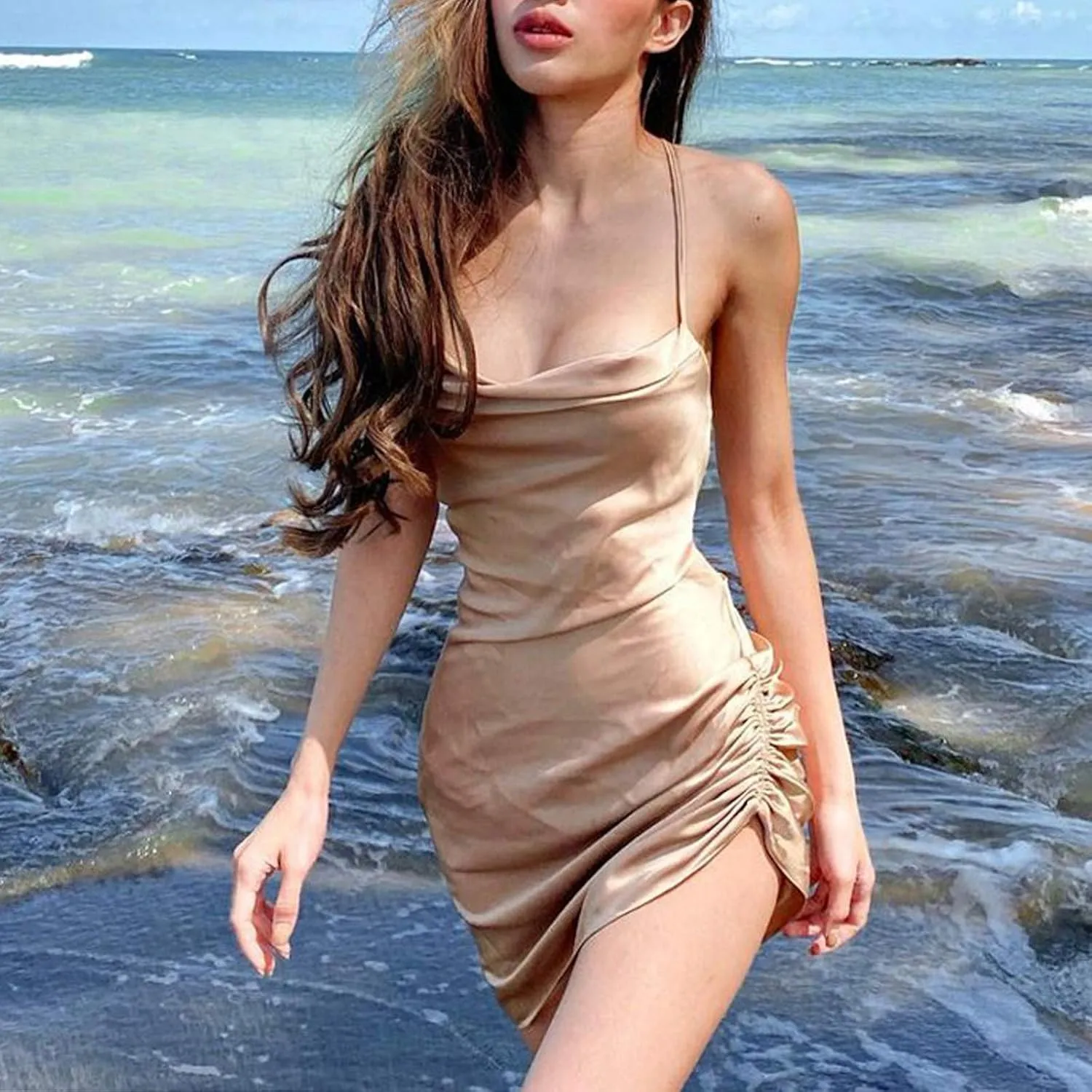 Women's Sexy Mini Dress Spaghetti Straps Bodycon Dress Split Hem Sundress Going Out Cocktail Evening Dresses