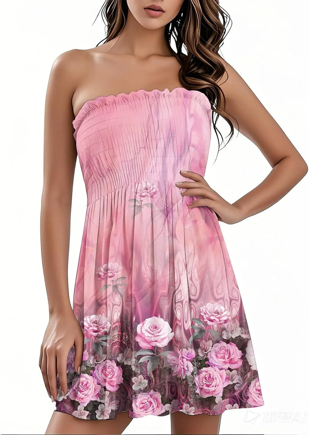Womens Sexy Strapless Summer Mini Dress Sleeveless Smocked A Lined Bubble Wedding Party Dress Beach Vacation Clothes