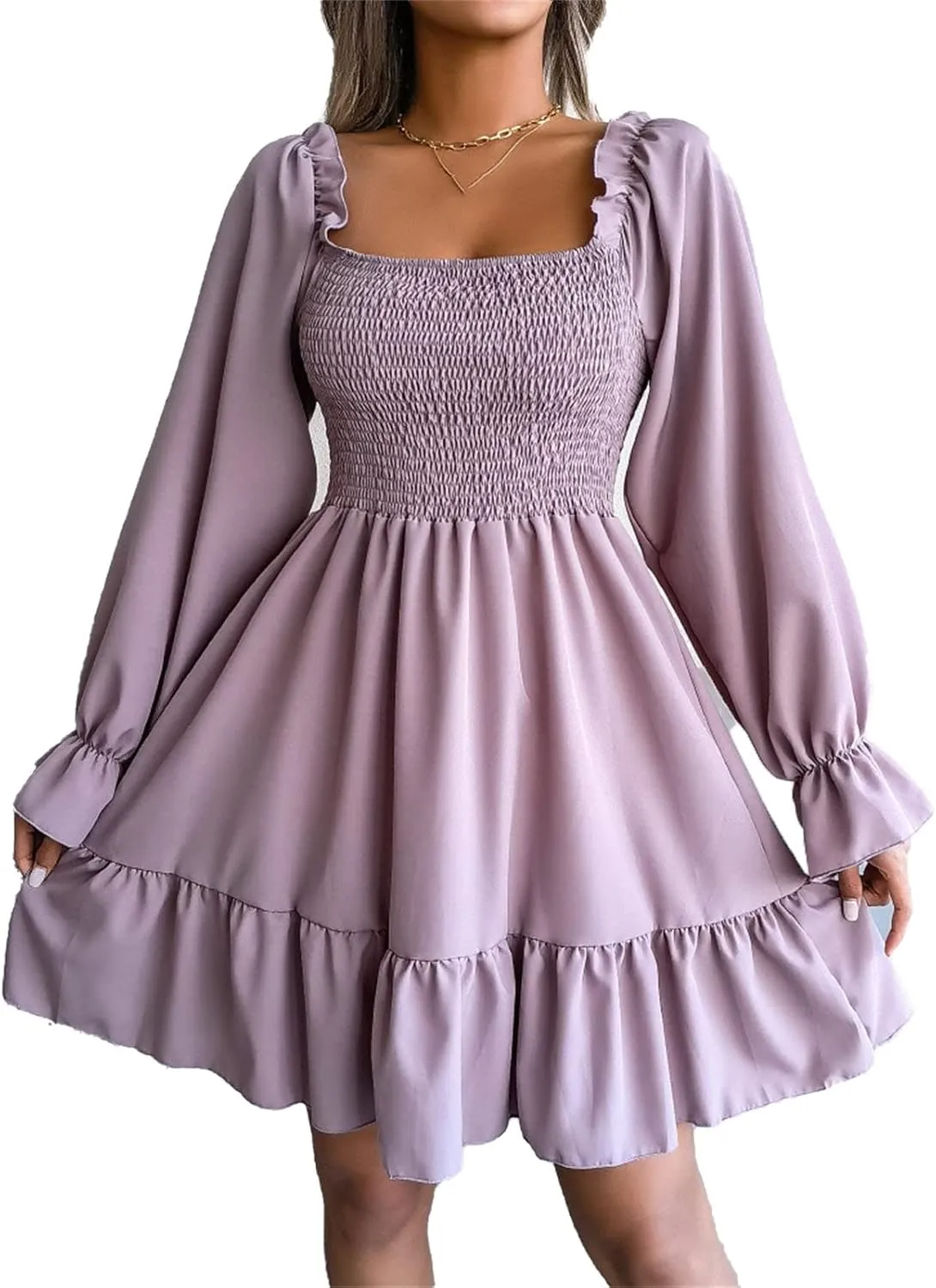 Women's Shirred Ruffle Long Flounce Sleeve Long Sleeve Mini A Line Swing Dress Square Neck High Waist Short Dresses