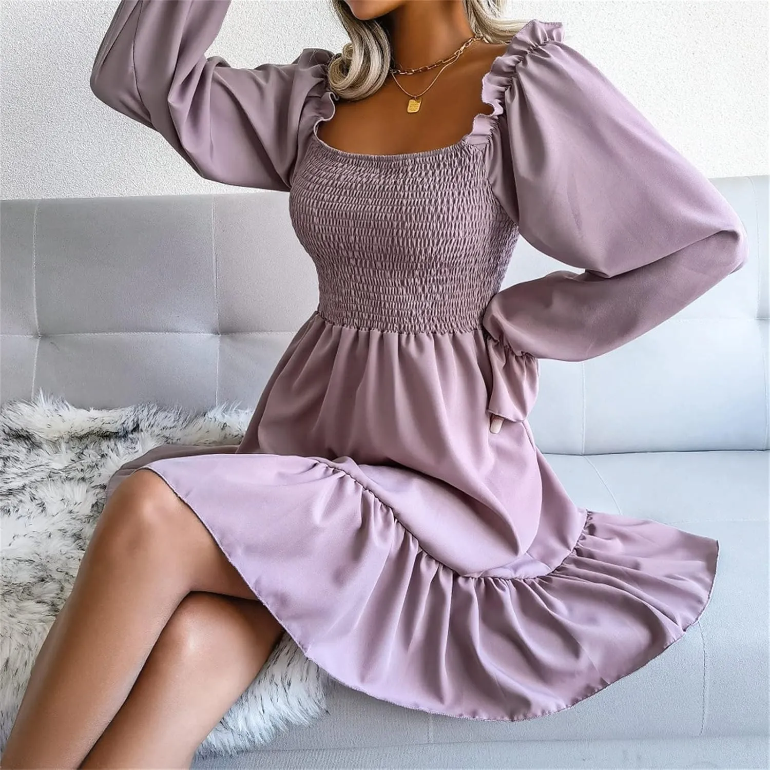 Women's Shirred Ruffle Long Flounce Sleeve Long Sleeve Mini A Line Swing Dress Square Neck High Waist Short Dresses