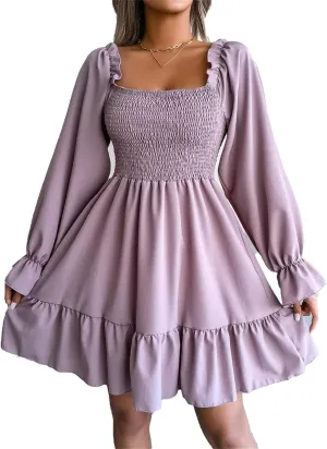 Women's Shirred Ruffle Long Flounce Sleeve Long Sleeve Mini A Line Swing Dress Square Neck High Waist Short Dresses