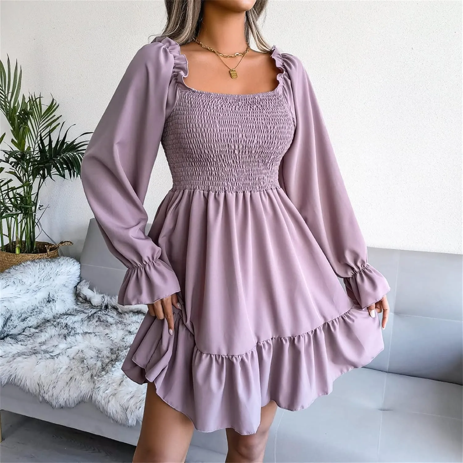 Women's Shirred Ruffle Long Flounce Sleeve Long Sleeve Mini A Line Swing Dress Square Neck High Waist Short Dresses