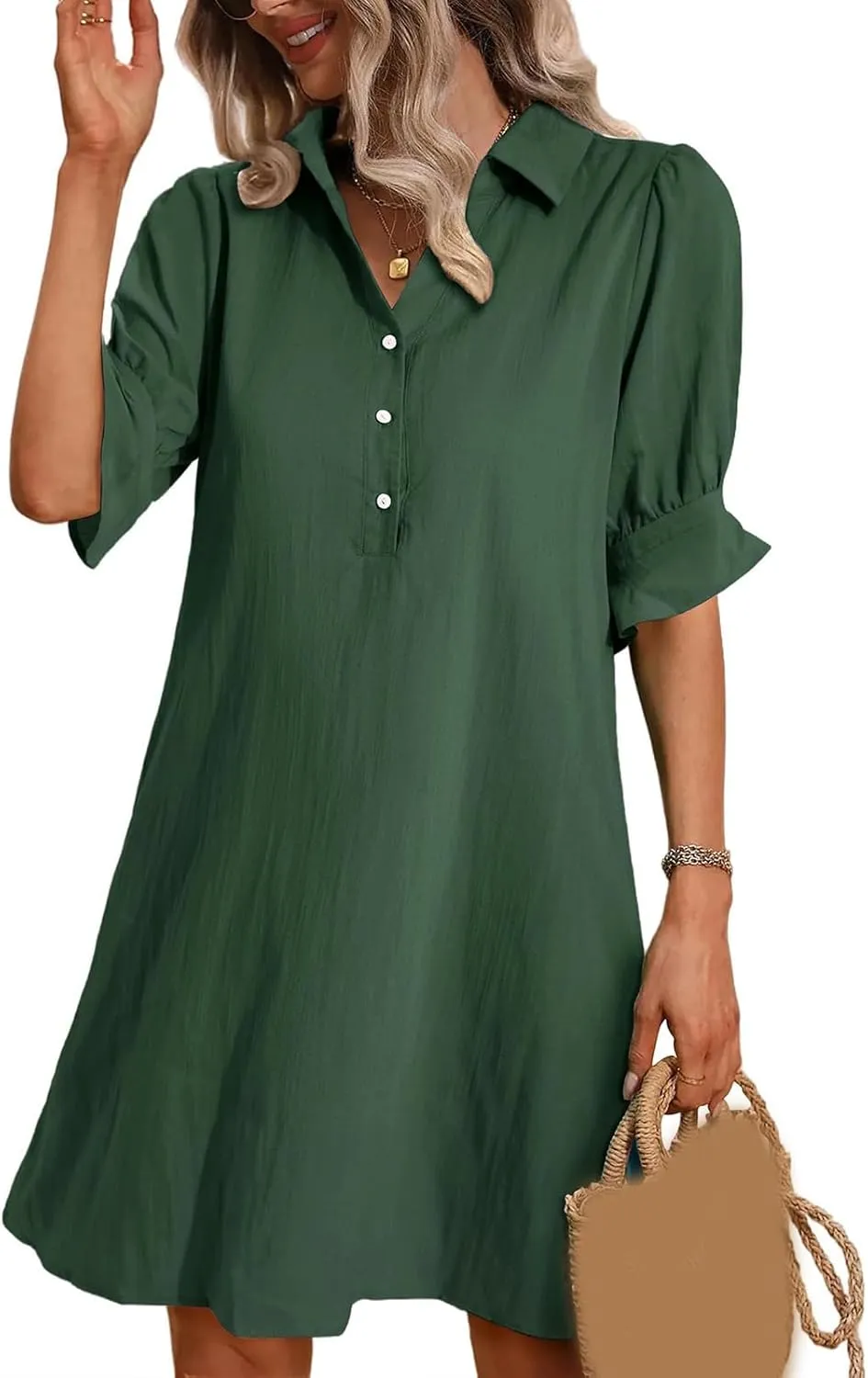 Womens Shirt Dresses Midi Length 3/4 Ruffle Sleeve Summer Dress Button Down Shift Lightweight Sundresses 2025 Trendy