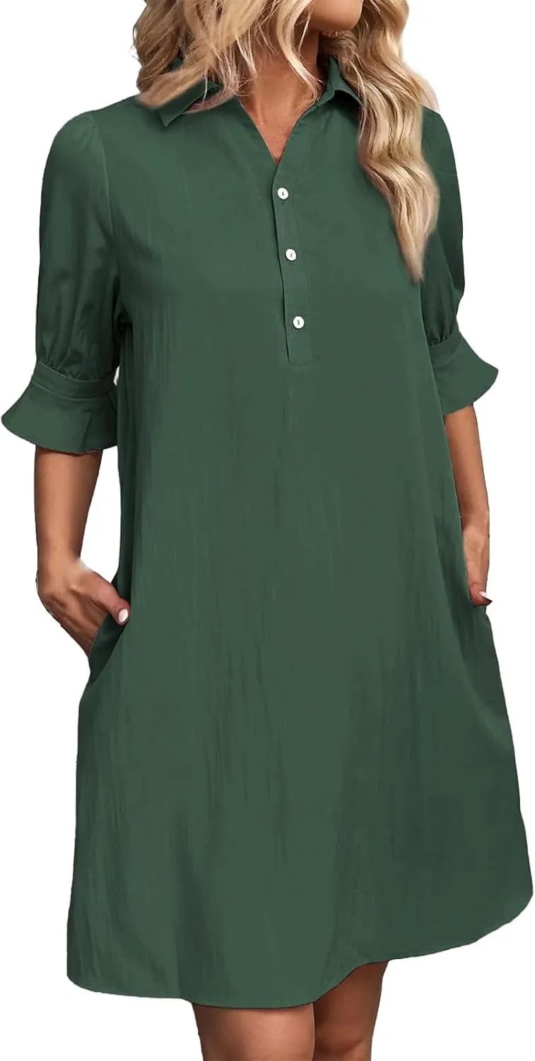 Womens Shirt Dresses Midi Length 3/4 Ruffle Sleeve Summer Dress Button Down Shift Lightweight Sundresses 2025 Trendy