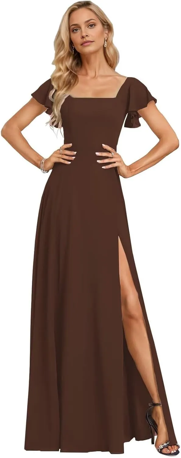 Women's Short Sleeve Bridesmaid Dresses A Line Chiffon Square Neck Long Formal Dresses with Slit IMC027