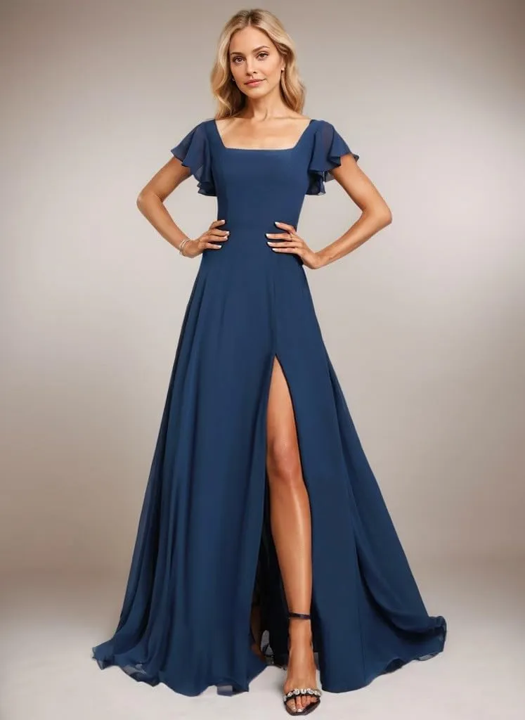 Women's Short Sleeve Bridesmaid Dresses A Line Chiffon Square Neck Long Formal Dresses with Slit IMC027
