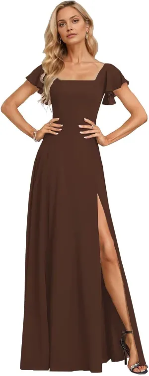 Women's Short Sleeve Bridesmaid Dresses A Line Chiffon Square Neck Long Formal Dresses with Slit IMC027