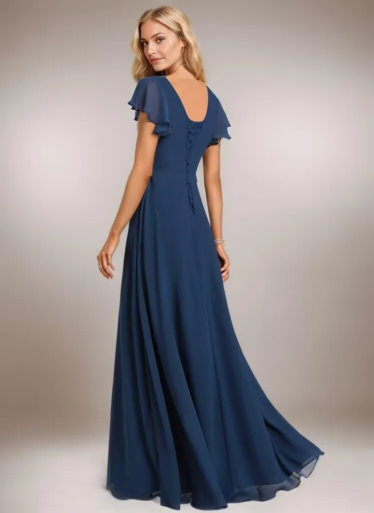 Women's Short Sleeve Bridesmaid Dresses A Line Chiffon Square Neck Long Formal Dresses with Slit IMC027