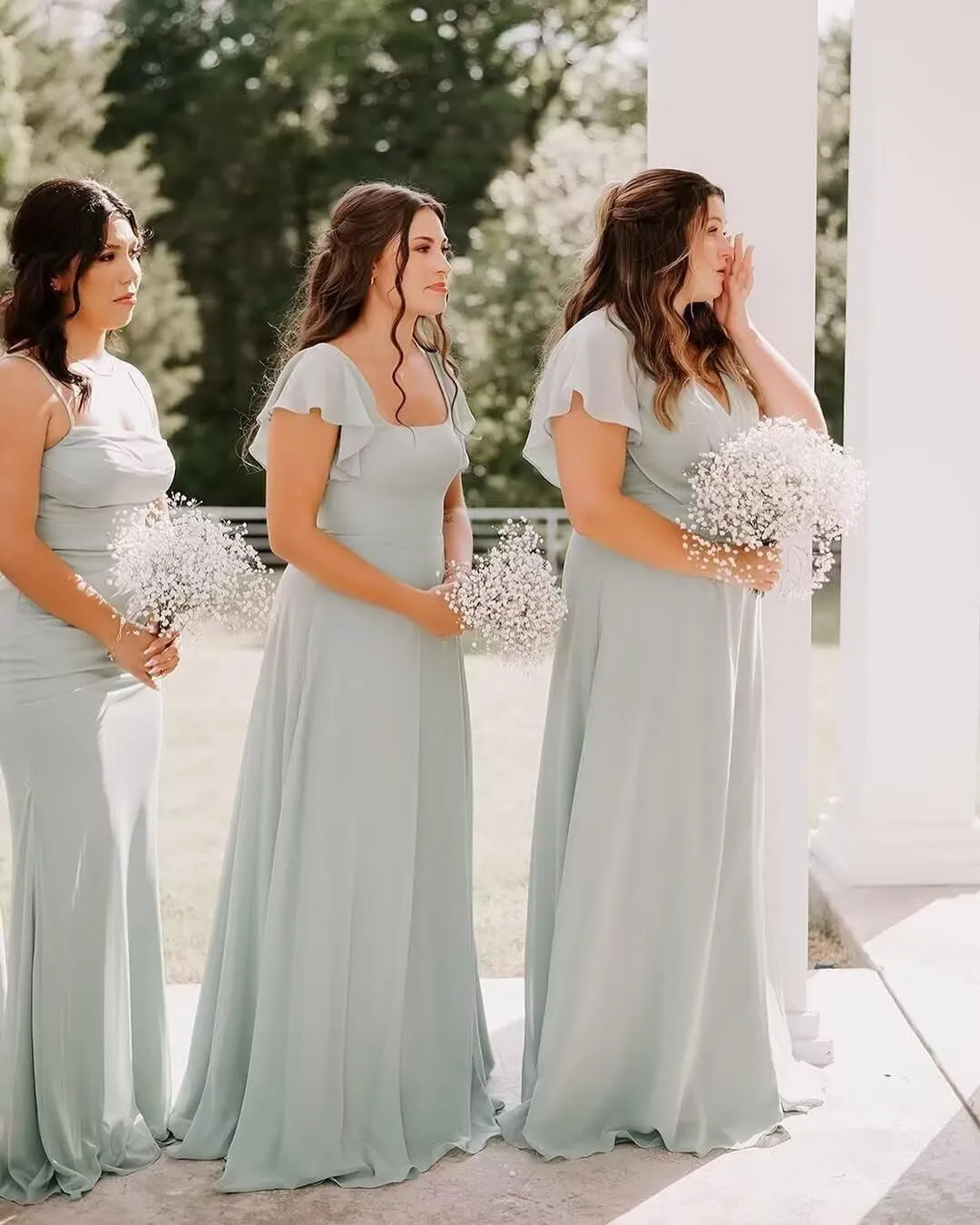 Women's Short Sleeve Bridesmaid Dresses A Line Chiffon Square Neck Long Formal Dresses with Slit IMC027