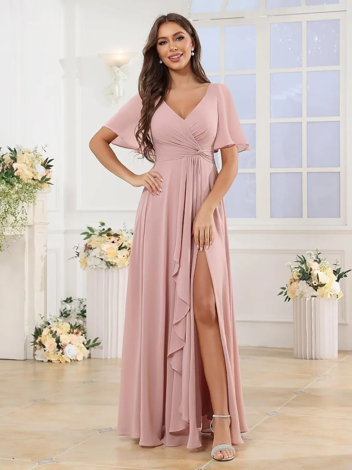 Women's Short Sleeve Pleated Bridesmaid Dresses for Wedding Chiffon Slit Formal Gown with Pocket