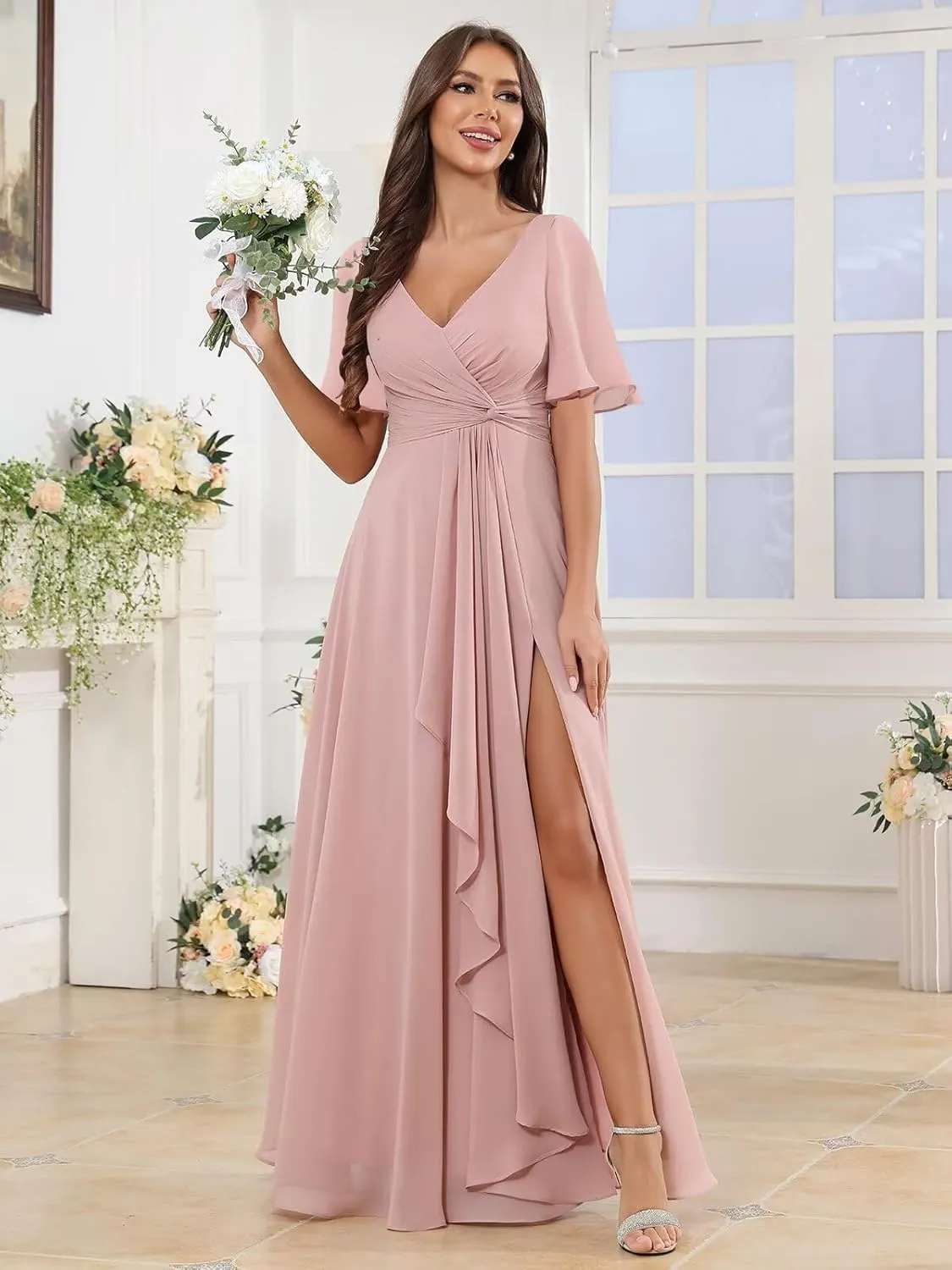 Women's Short Sleeve Pleated Bridesmaid Dresses for Wedding Chiffon Slit Formal Gown with Pocket