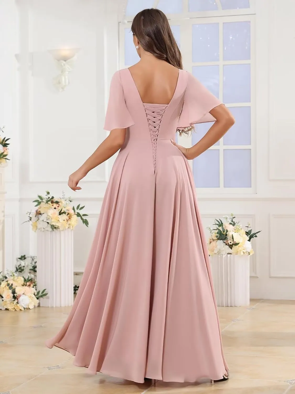 Women's Short Sleeve Pleated Bridesmaid Dresses for Wedding Chiffon Slit Formal Gown with Pocket