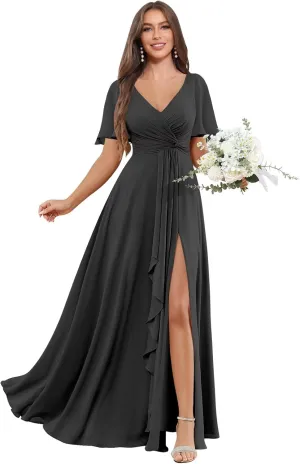 Women's Short Sleeve Pleated Bridesmaid Dresses for Wedding Chiffon Slit Formal Gown with Pocket