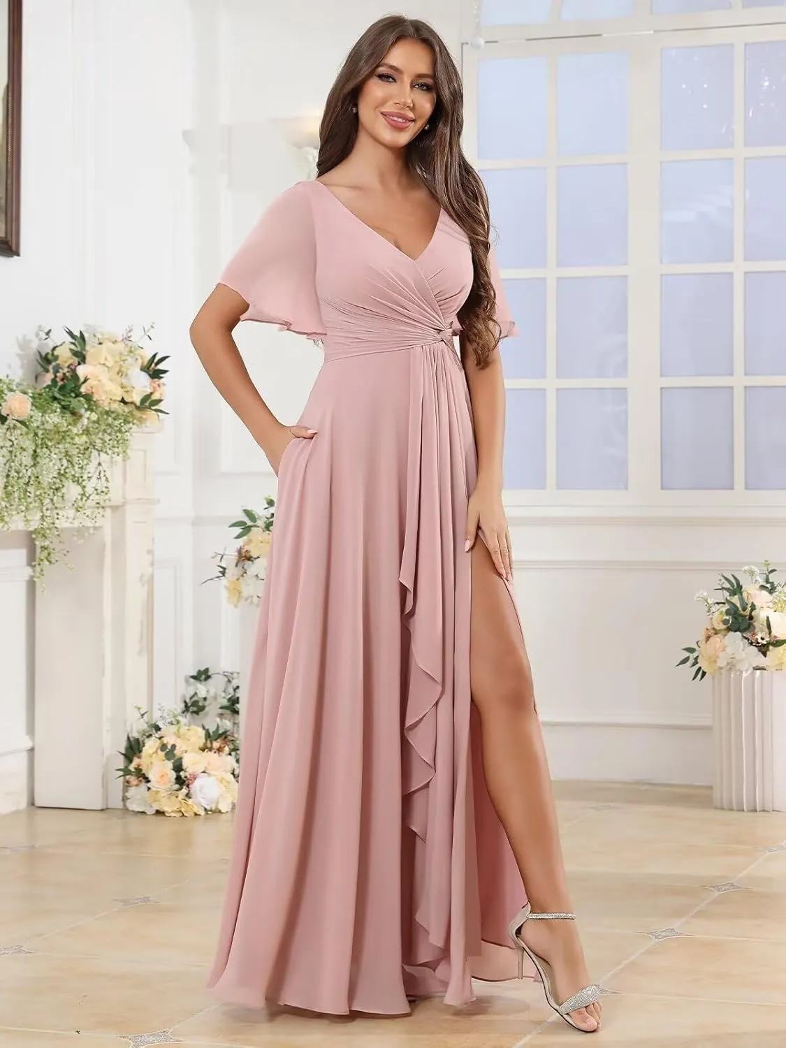 Women's Short Sleeve Pleated Bridesmaid Dresses for Wedding Chiffon Slit Formal Gown with Pocket