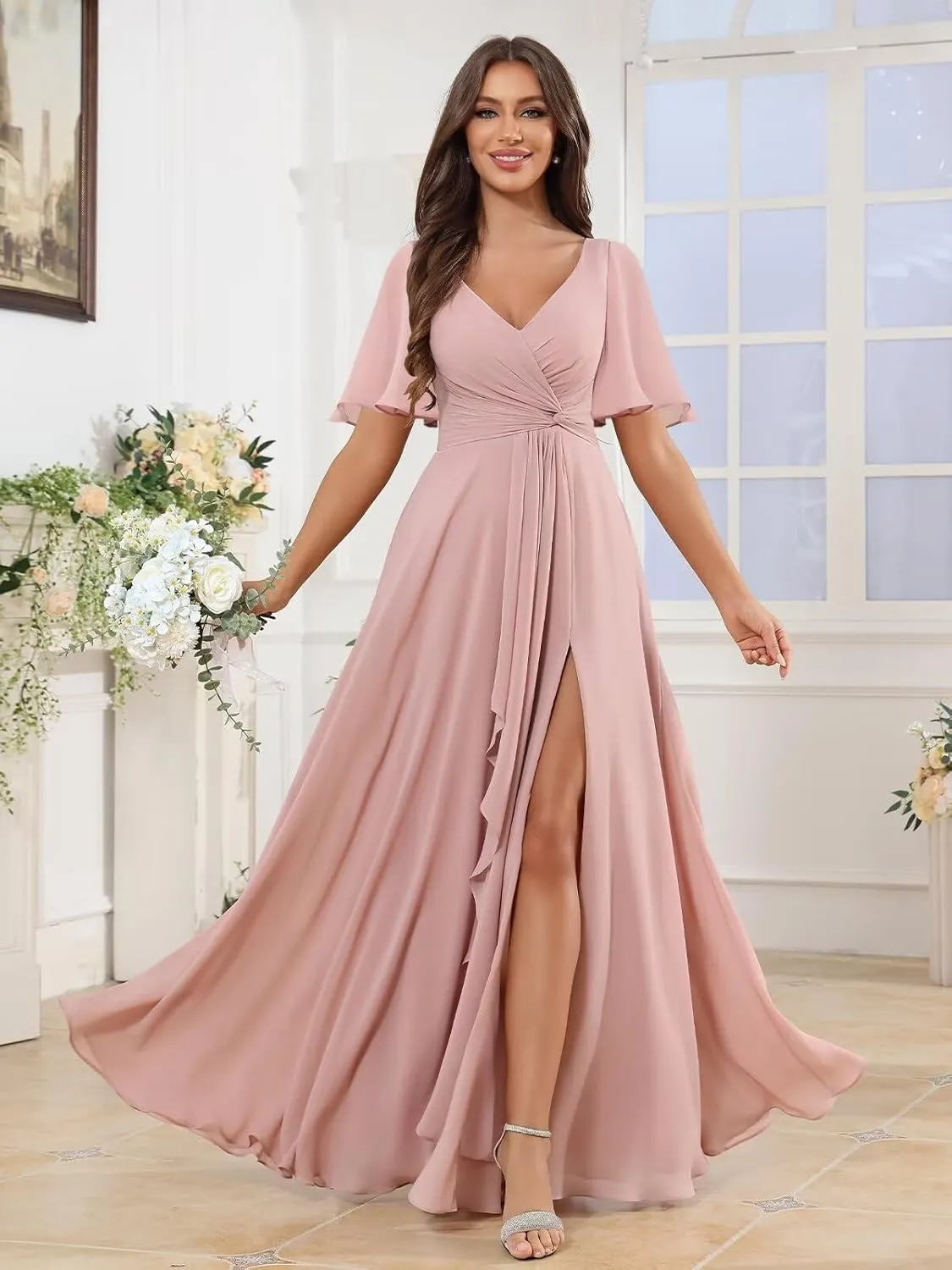 Women's Short Sleeve Pleated Bridesmaid Dresses for Wedding Chiffon Slit Formal Gown with Pocket