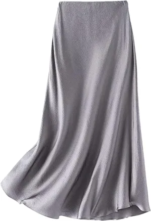 Women's Silk Skirt Elegant Skirts Summer Basic High Waisted A-Line Satin Midi Skirts