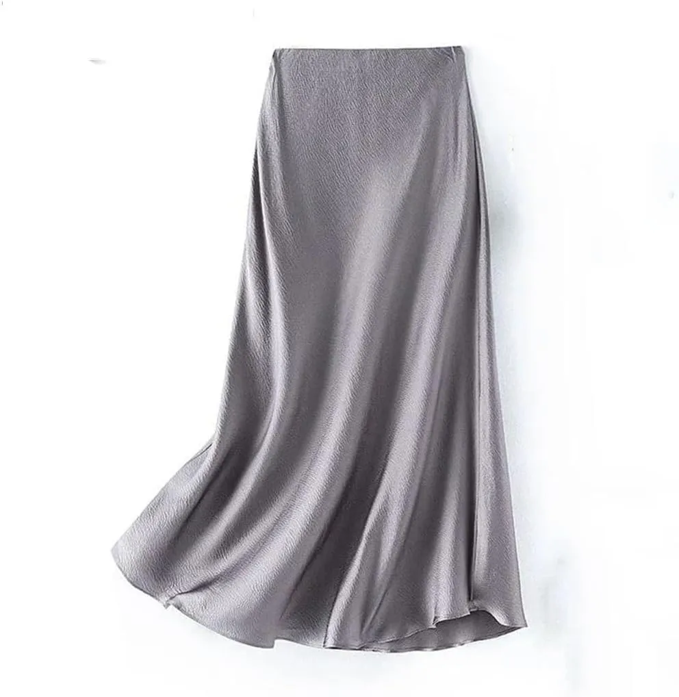 Women's Silk Skirt Elegant Skirts Summer Basic High Waisted A-Line Satin Midi Skirts