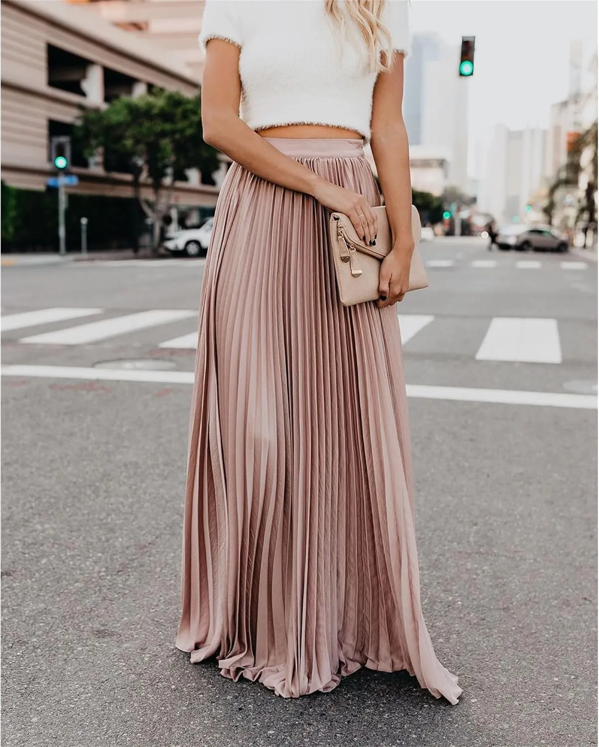 Womens Skirt Midi Long Shirring Skirts High Waisted Swing Boho A Line Skirts Casual Flowy Pleated Chiffon Maxi Skirt
