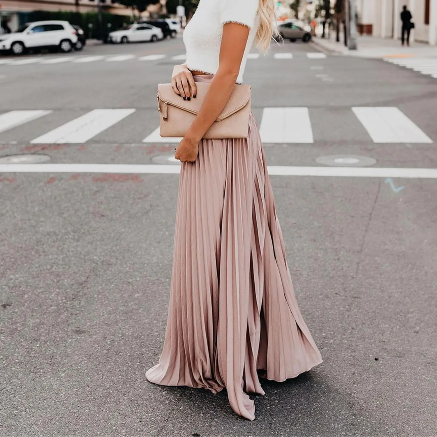 Womens Skirt Midi Long Shirring Skirts High Waisted Swing Boho A Line Skirts Casual Flowy Pleated Chiffon Maxi Skirt