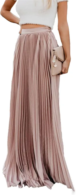 Womens Skirt Midi Long Shirring Skirts High Waisted Swing Boho A Line Skirts Casual Flowy Pleated Chiffon Maxi Skirt
