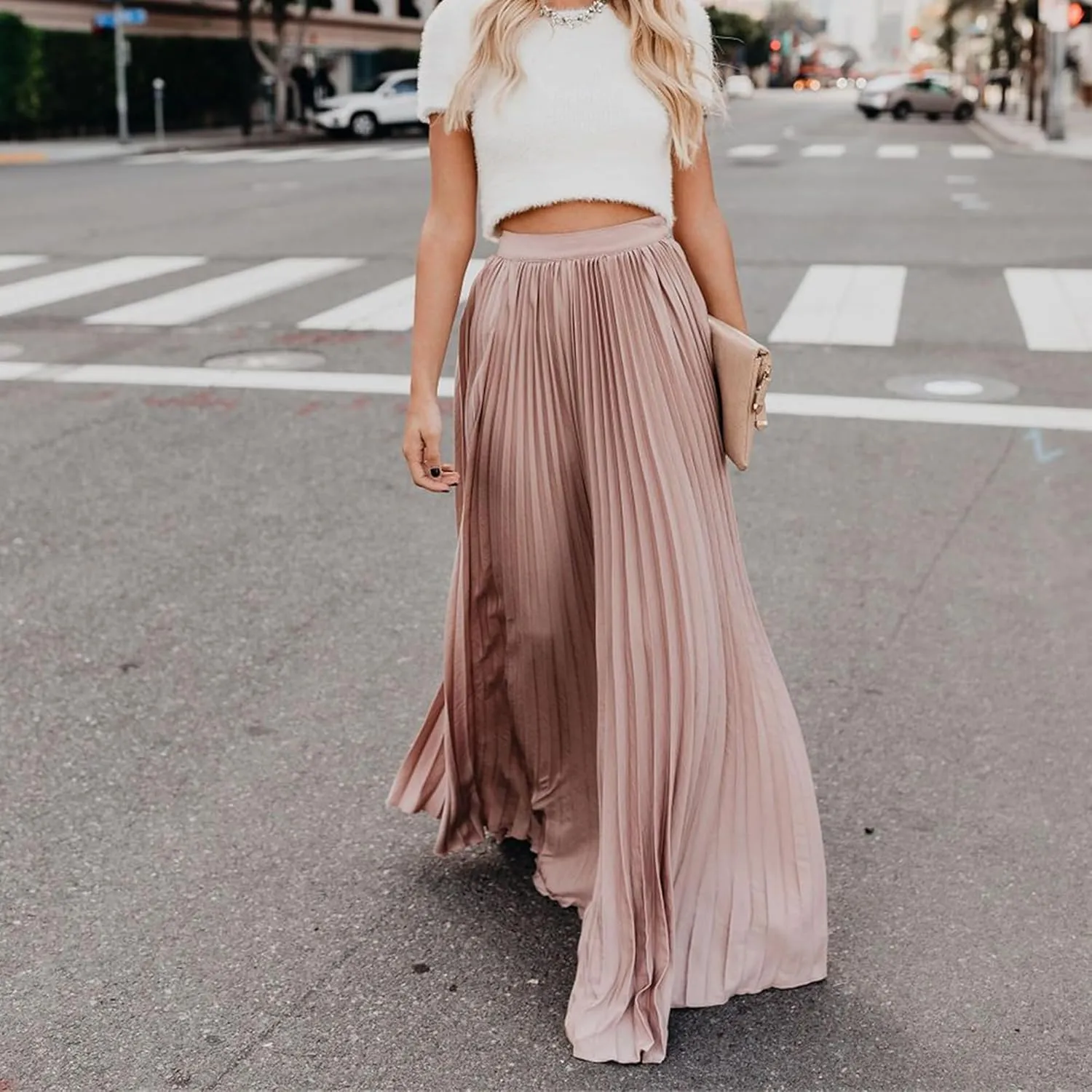 Womens Skirt Midi Long Shirring Skirts High Waisted Swing Boho A Line Skirts Casual Flowy Pleated Chiffon Maxi Skirt