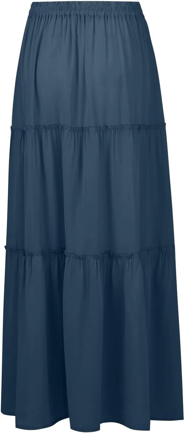 Women's Skirts Casual Summer Elastic High Waisted Flowy A Line Long Skirts Trendy Pleated Plus Size Maxi Skirts with Pockets