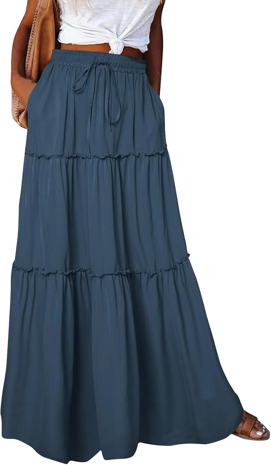 Women's Skirts Casual Summer Elastic High Waisted Flowy A Line Long Skirts Trendy Pleated Plus Size Maxi Skirts with Pockets